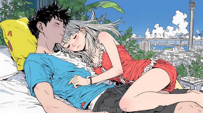 イラスト：寄り添いながら穏やかに眠る若いカップル