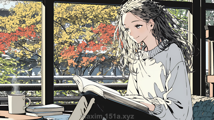 【新作紹介】秋の読書を楽しむ若い女性｜静かで落ち着いた秋の日のイラストポートレー…