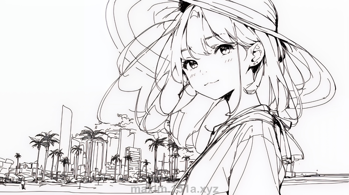 イラスト：一人旅の若い女性と夏のビーチの風景（シンプルな色使い）